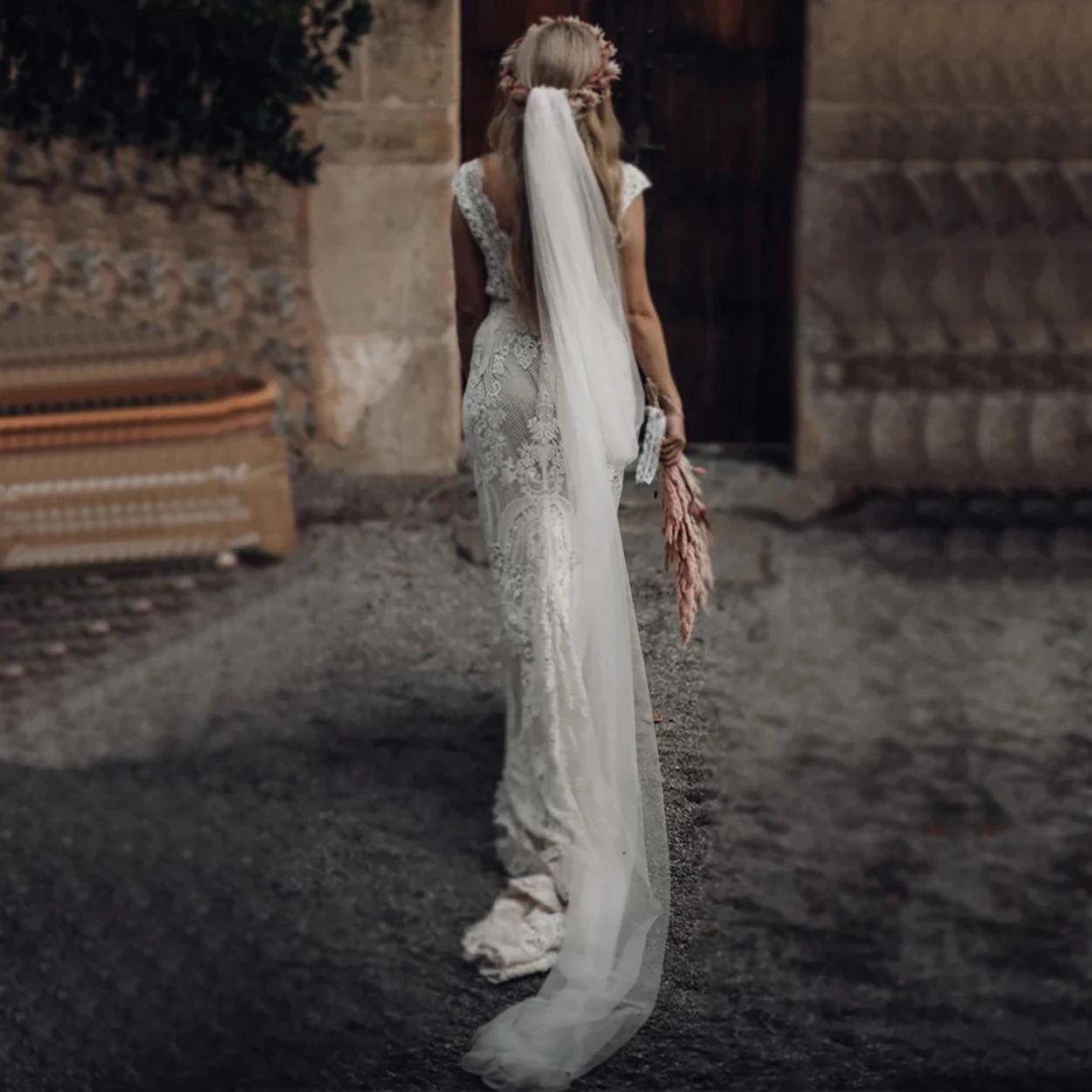 Bohemian pastrol Wedding Dress Cap Sleeve V Neck Crochet Cotton Lace Country mermaid Backless bridal gowns abito sposa pizzo