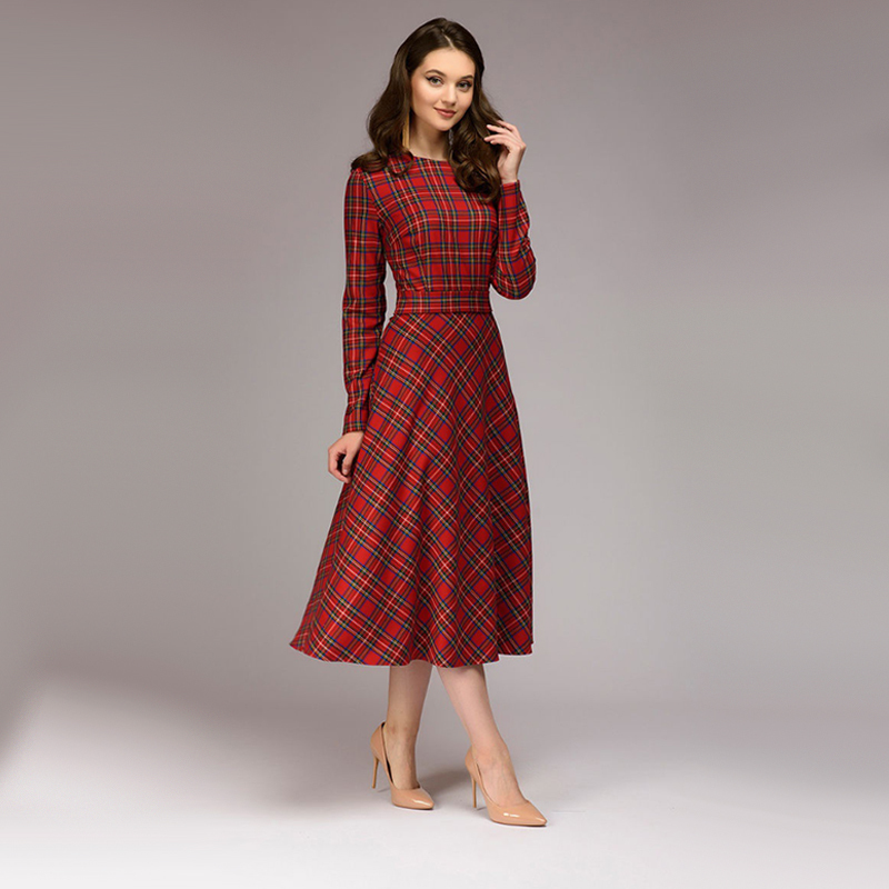Women Vintage Sashes Plaid Dress Ladies Long Sleeve o Neck Elegant a Line Midi Dress Autumn Bow Tie Party Dress Plus size 201028
