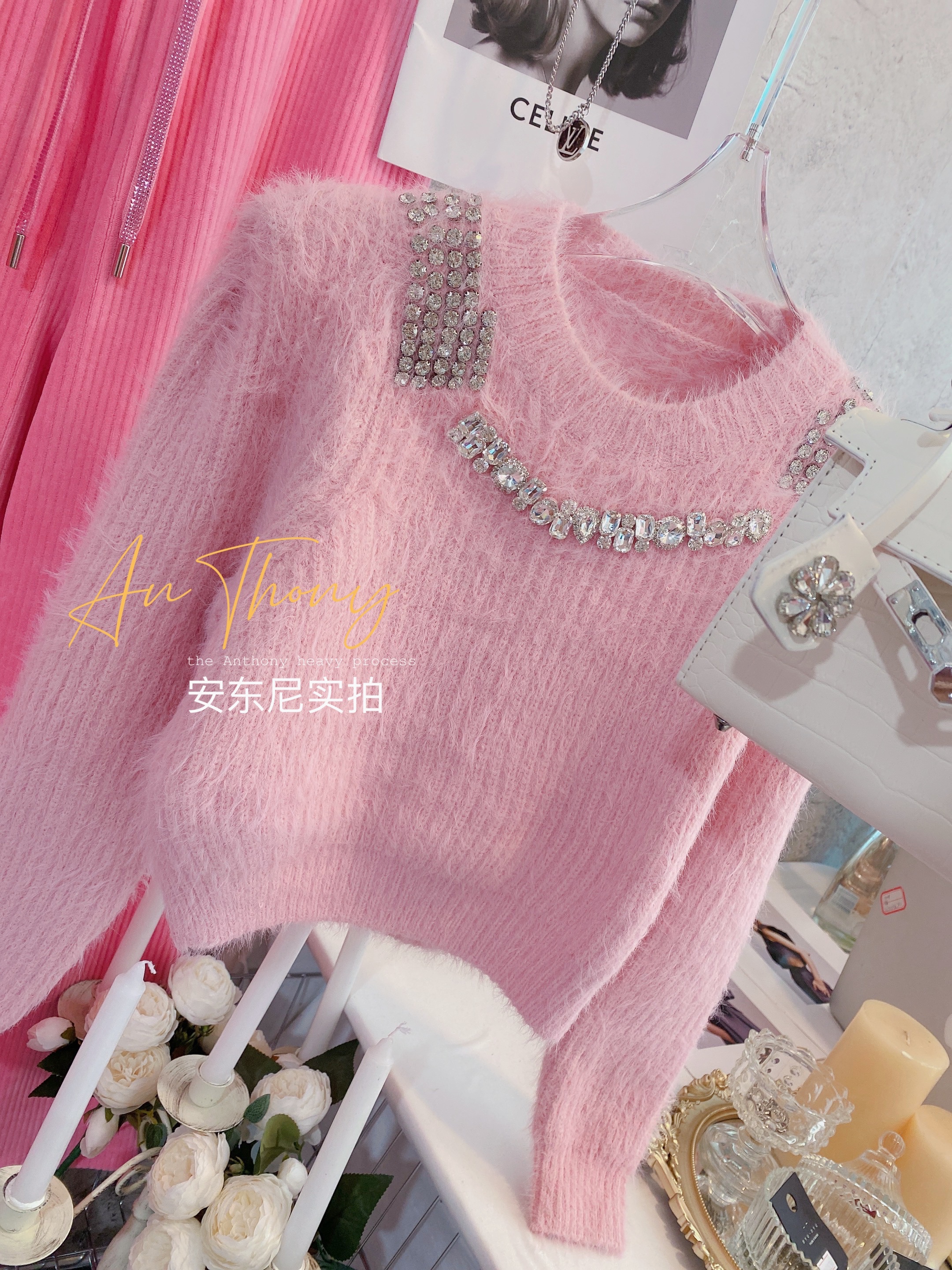 Autumn winter new womens o-neck luxury design rhinestone patchwork thickening warm short mohair wool knitted sweater jumper