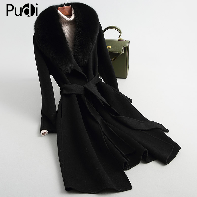 Pudi women 100% wool blends coat jacket with real fox fur collar overcoats jackets A38901 201222