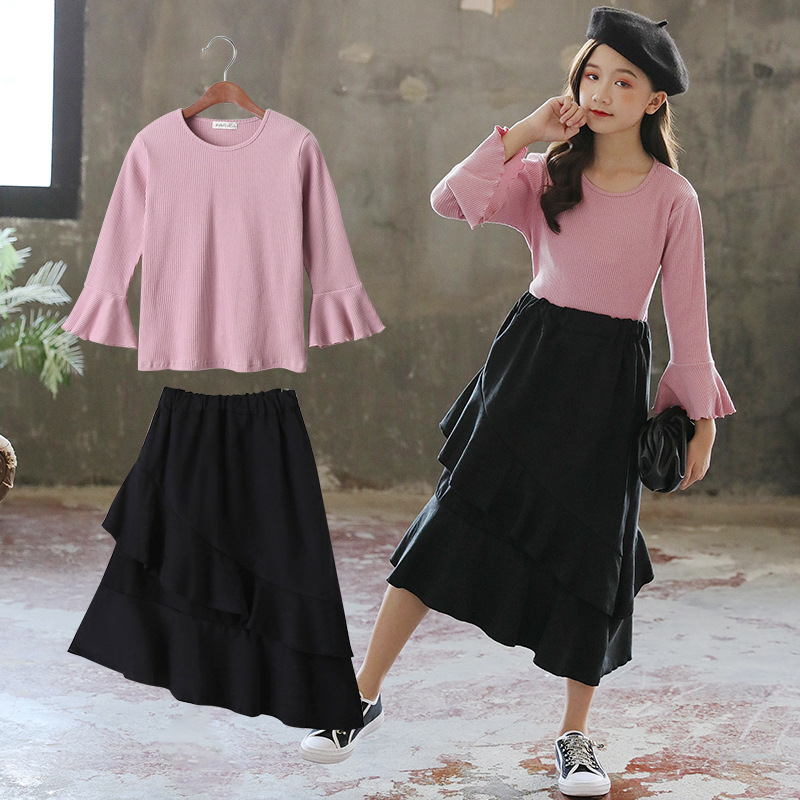 Baby Girl Outfits 2020 New Big Girls Clothes Kids Autumn Spring T Shirt+ Long Skirt Clothing Suit 2pcs Children Set FashionX1019