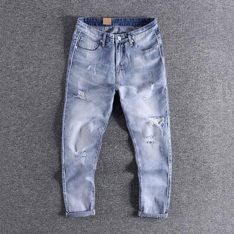 Spring and summer trend light blue retro frosted white jeans men's Slim small straight leg youth pants versatile Capris 0331
Spring and summer trend light blue retro frosted white jeans men's Slim small straight leg youth pants versatile Capris 0331