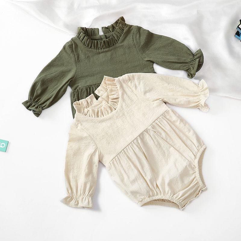 Newborn Long-Sleeved Cotton And Linen Baby Romper Solid Color Flying Sleeve Ruffled Neckline Infant Jumpsuit Clothing