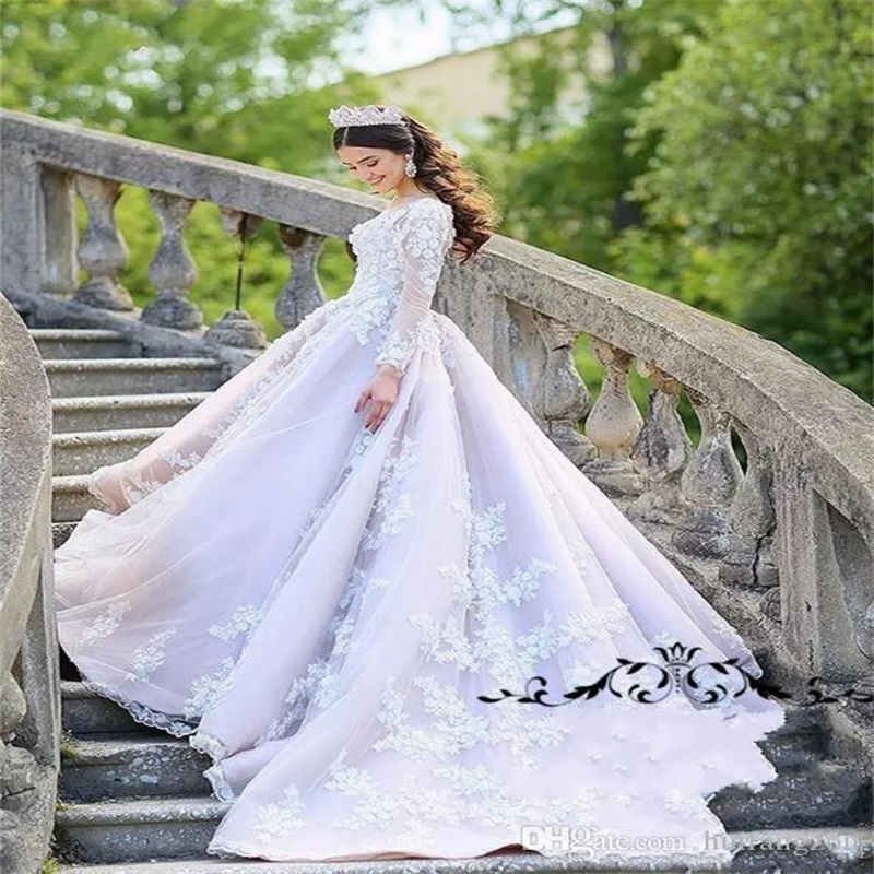 Real Image Princess Ball Gown Wedding Dress Long Sleeve Sheer Neck Lace 3D Floral Appliques Tulle Bridal Gowns Sweep Train Vestidos De Novia