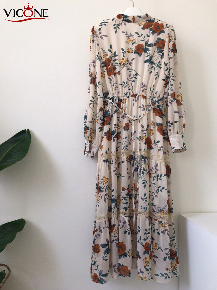 VICONE Chic Retro Women Summer Dress Casual Long Sleeve Boho Floral Print Dress Bandage Elegant Dresses T200619