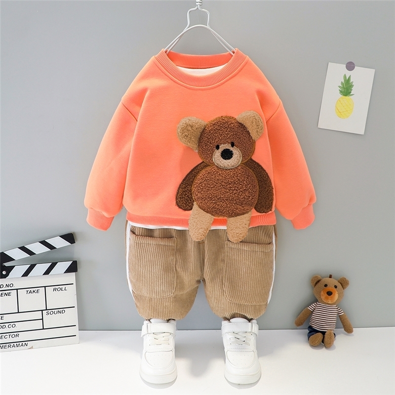 HYLKIDHUOSE 2020 Winter Toddler Infant Newborn Clothes Baby Girls Boys Clothing Sets Cartoon Bear Children Kids Plush Tops Pants LJ201202