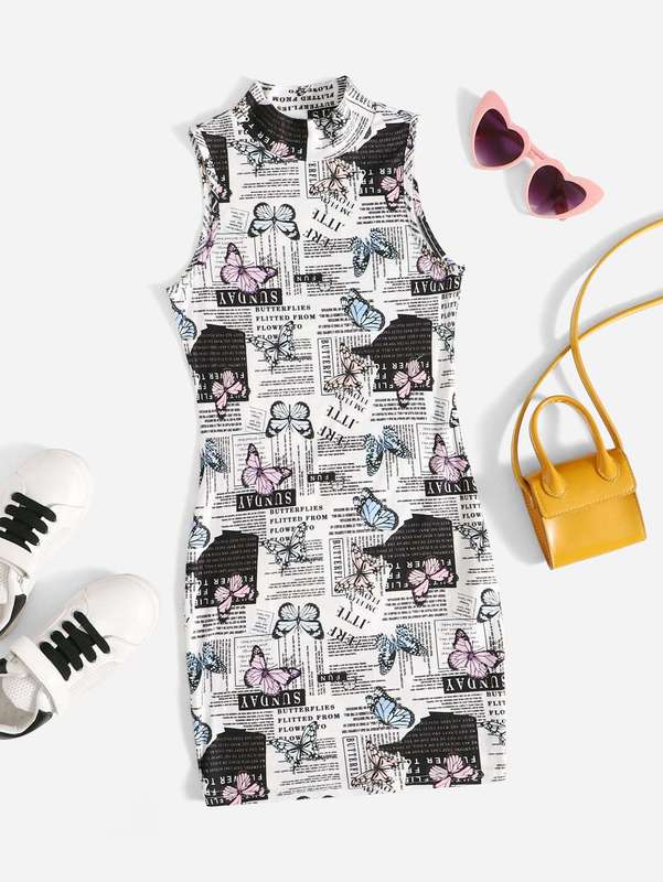 Girls Mock Neck Butterfly & Slogan Graphic Dress SHE