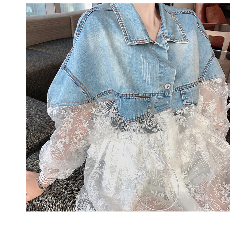 New Summer Long Sleeve Large Size Jeans Jackets Women's Coat Loose Lace Stitching Perspective top Jacket Ladies denim coat 201126