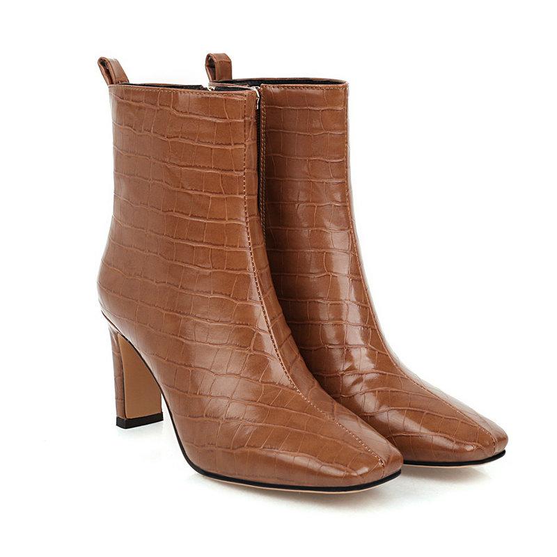 Fashion Square Toe Women Boots Autumn Winter High Heel Ankle Boots Zipper Woman Shoes, Green pu lining