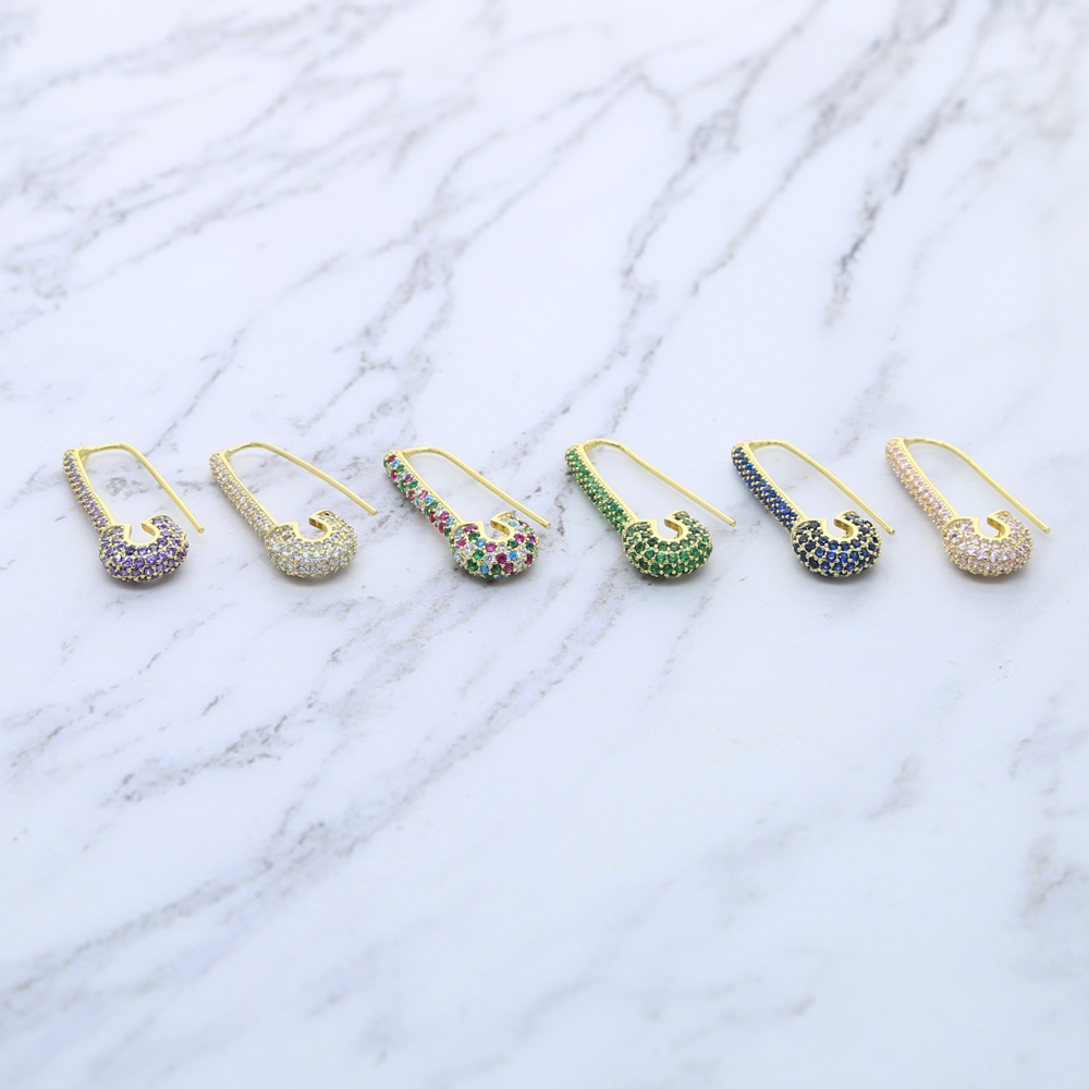 Wholesale Rainbow Colorful Wedding Earring Paved White Pink Green Blue Cz Unique Paperclip Safety Pin Stud Earings Women Fashion Jewelry