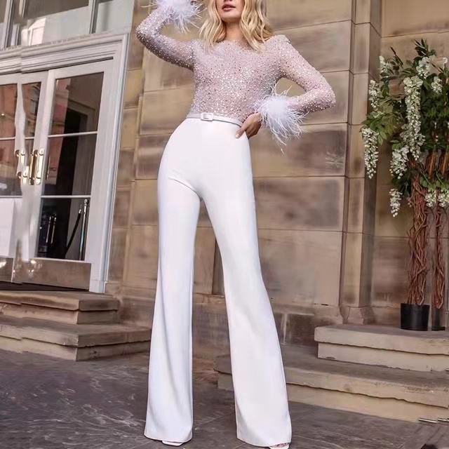 2022 Elegant Women Jumpsuits Formal Evening Dresses Feather Long Sleeves Sequins Pearls Beaded Special Occasion Gowns Prom Party Dress Pants Suit