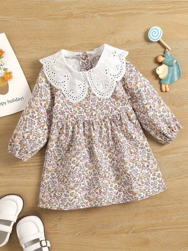Baby Ditsy Floral Eyelet Embroidered Statement Collar Bishop Sleeve Dress SHE