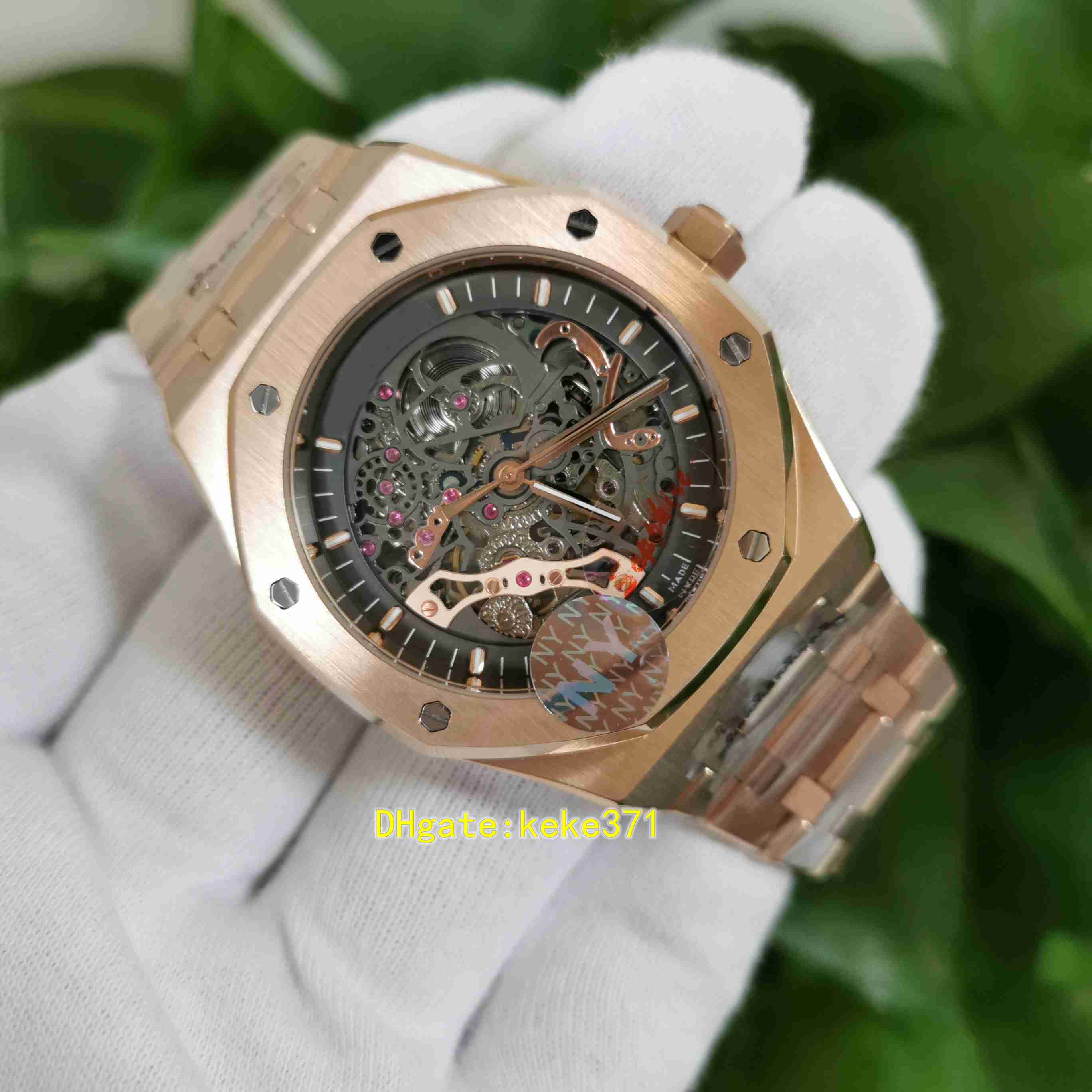 NY Fashion High Quality men Watch Wristwatches 41mm 15407 Skeleton 15407ST.OO.1220ST.01 Luminescent Rose Gold Transparent Mechanical Automatic Mens Watches, Box
NY Fashion High Quality men Watch Wristwatches 41mm 15407 Skeleton 15407ST.OO.1220ST.01 Luminescent Rose Gold Transparent Mechanical Automatic Mens Watches, Box