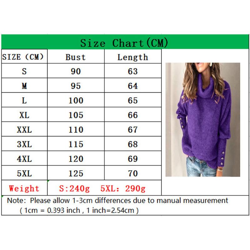 S-5XL Oversize Winter Pullover Sweater Women Turtleneck Button Boho Casual Long Sleeve Pull Female Solid Knit Sweaters Pullovers