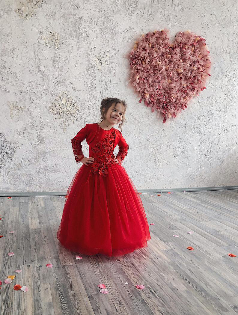 new red girls pageant dresses with jacket lace up appliqued girls birthday party gowns custom made beaded flower girl dress