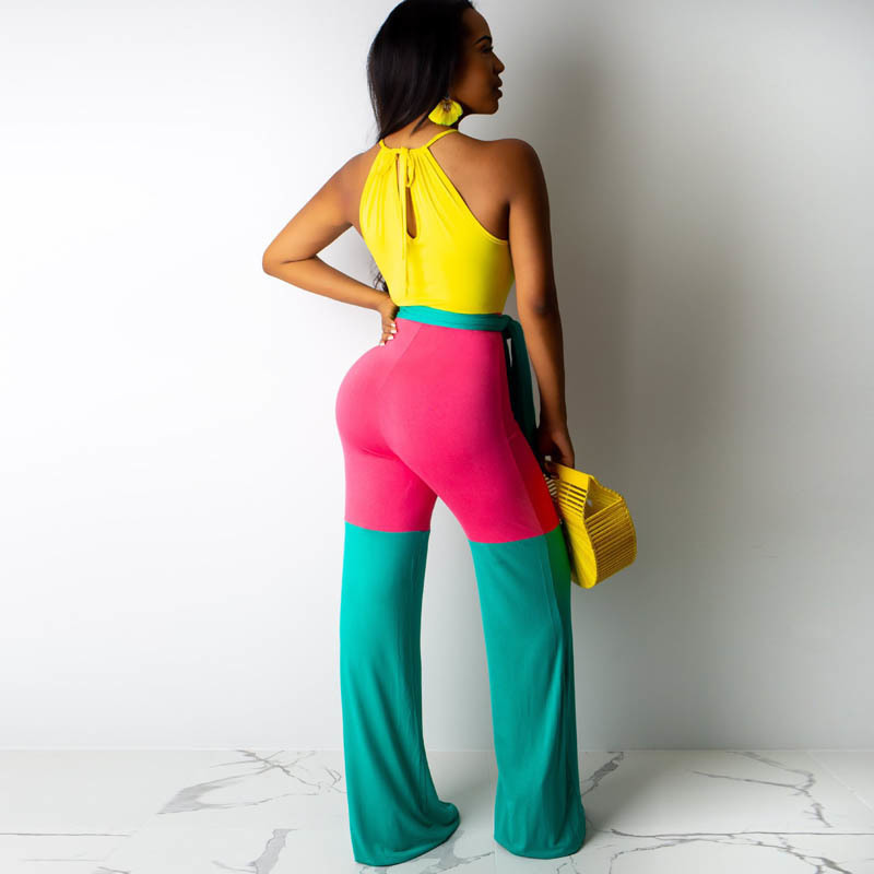 Best selling new women's colorblock jumpsuit urban casual strap summer jumpsuit sexy tight long jumpsuit T200616