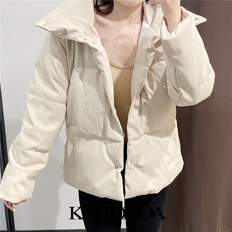 KPYTOMOA Women Fashion Thick Warm Parkas Faux Leather Padded Jacket Coat Vintage Long Sleeve Pockets Female Outerwear Chic Tops 201201