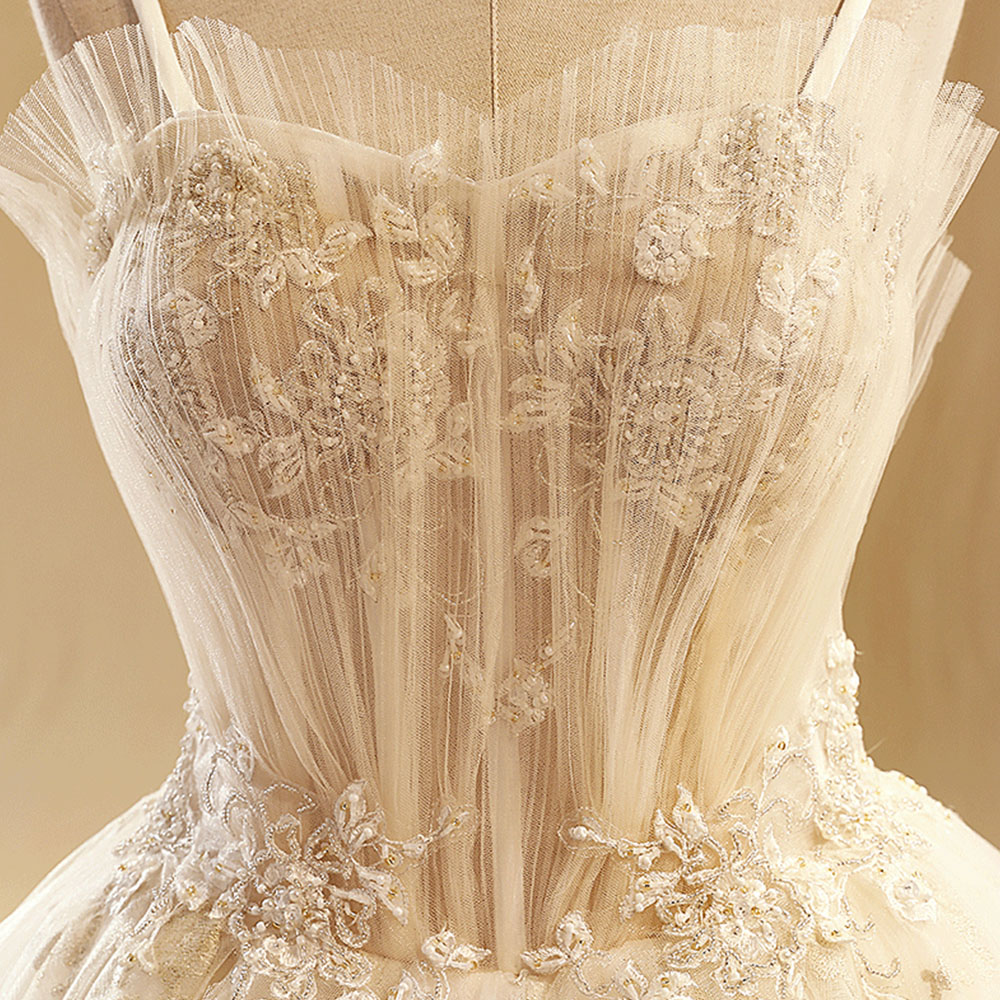 Pearls Flower Appliques Lace Prom Dress Spaghetti Strap A-Line Lace Up Vestido De Novia Floor Length Custom Made Bridal Dress