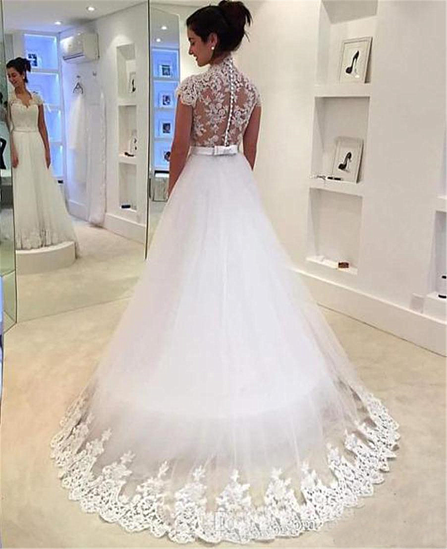 Sexy Illusion Lace Wedding Dresses Bridal Gowns V Neck Back Covered Buttons Short Sleeves Sweep Train Long Top Appliqued Beaded Boho A Line Ivory Brid