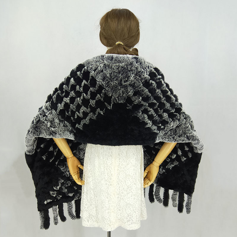 Winter Knitted Real Rex Rabbit Fur Scarf with Pocket Wide Women Natural Rabbit Fur Tassel Shawl Warm Long Fur Scarves LJ201111