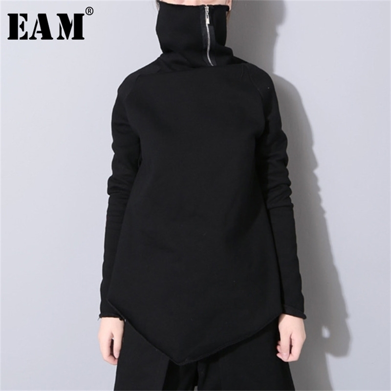 [EAM] New Spring Pullover Turtleneck Collar Full Sleeve Asymmetrical Loose Sweatshirt Women Fashion Tide OB196 201211