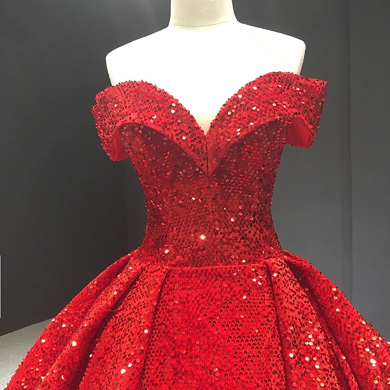Princess Sequin Ball Gown Wedding Dresses Off Shoulder Court Train Lace Sequined Short Sleeve Formal Shine Bridal Dress New Robe De Mariee Vestidos