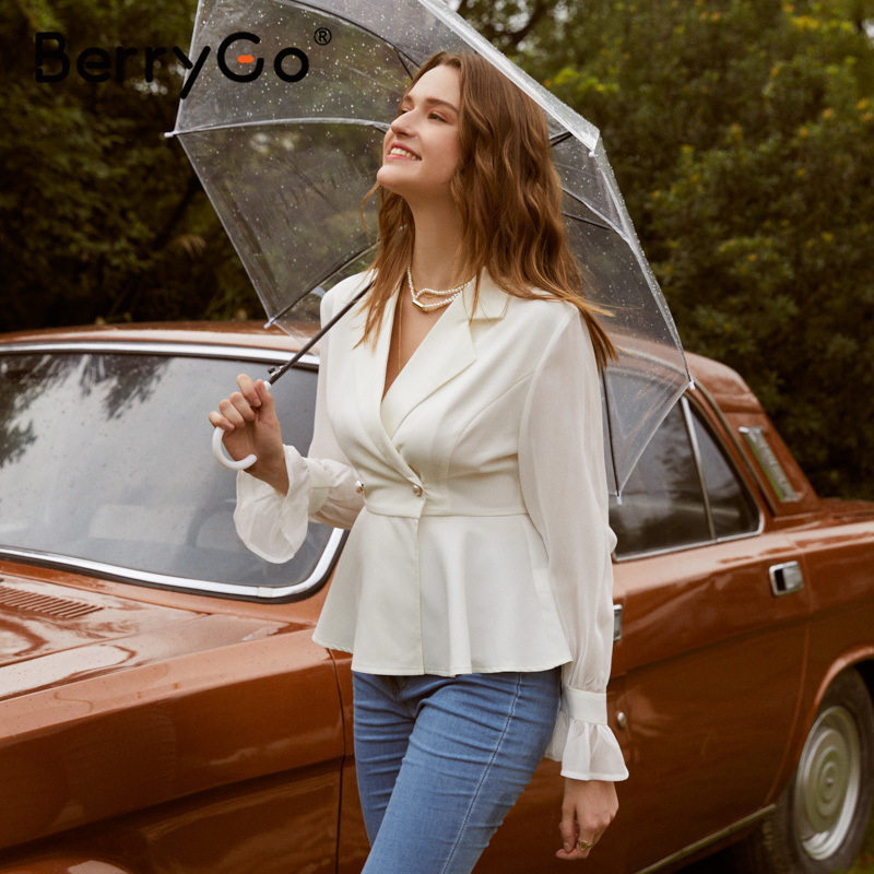 BerryGo Casual white button blazer Chic long sleeve fitted office ladies blazer Autumn women bottom Ruffled outerwears 201102
