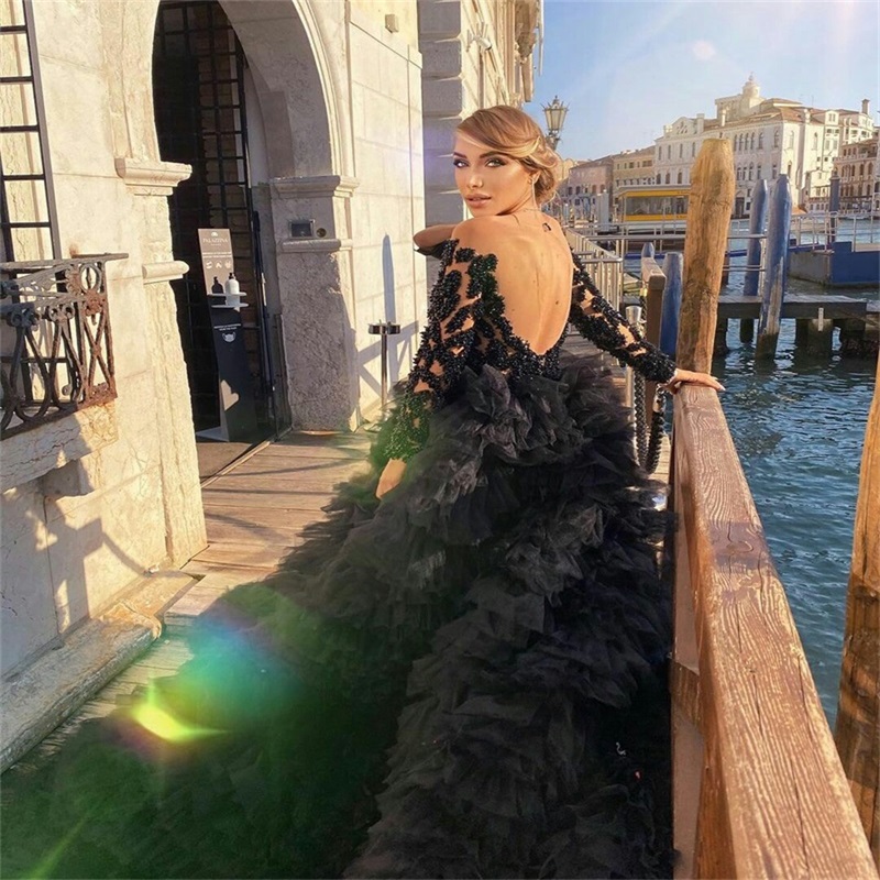 Real Image Black Prom Dresses Luxury Ruffles Appliqued Beads Hi Lo A Line Evening Dresses Chic Sexy Illusion Backless Party Dress