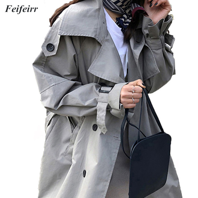 Abrigos Spring Autumn Korean Fashion Double Breasted Mid-long Trench Coat Mujer Loose Belt Large Size Windbreak Outwear T200319