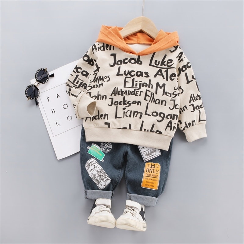 Children Fashion Clothes Suit Spring Kids Boy Girl Letter Hoodies jeans 2Pcs/sets Baby Toddler Clothing Infant Sportswear sets 201127