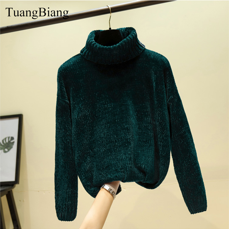Chic Vintage Chenille Cashmere Womens Full sleeve Gold Velvet Sweaters Winter Ladies Solid Turtleneck Loose Female jumpers 201221