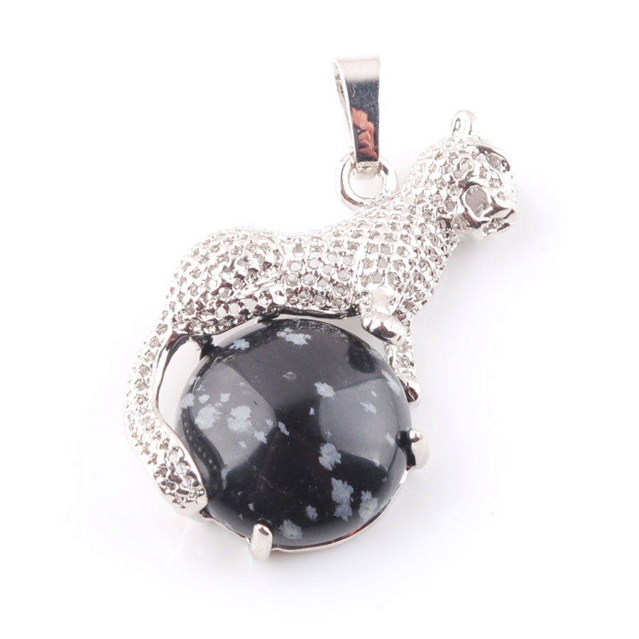WOJIAER Cute Leopard Pendants for Round Gem Stone Natural Snow Amethyst Tigers Eye Healing Charm Jewelry BN373