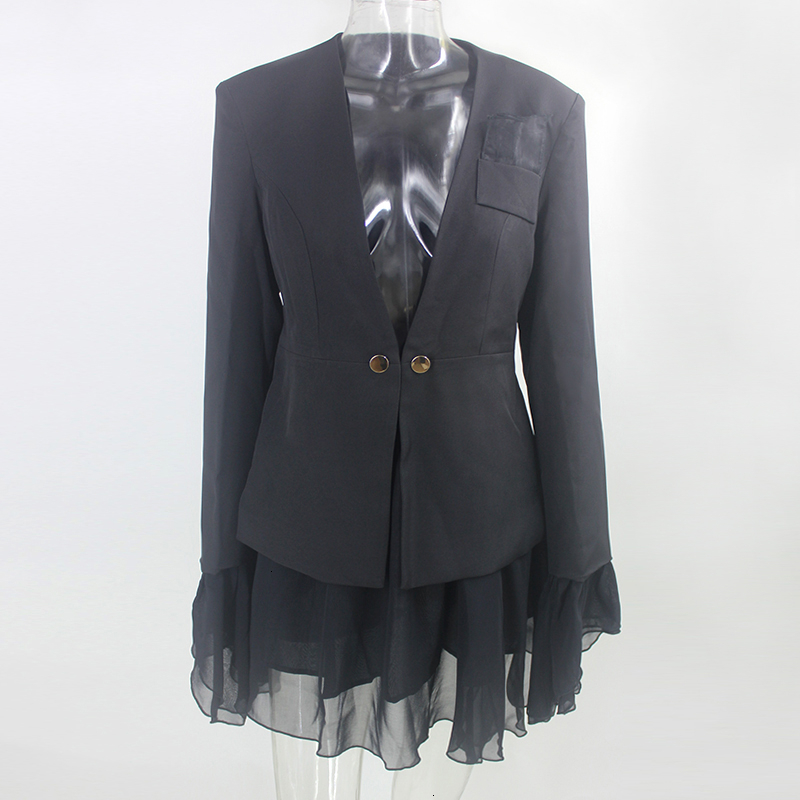 Feditch Spring Elegant Twece Women Blazers Skirts Autumn Casual Streetwear Female Suit Chic Ladies Blazer Set Suits T200325 B3