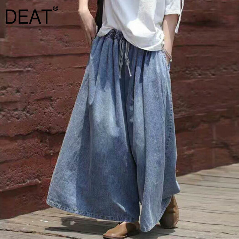 [DEAT] Fast Delivery Autumn Elastic Mid Waist Pleated Female Denim Wide Leg Pants Vintage Style Wild Loose Women AT225 201113