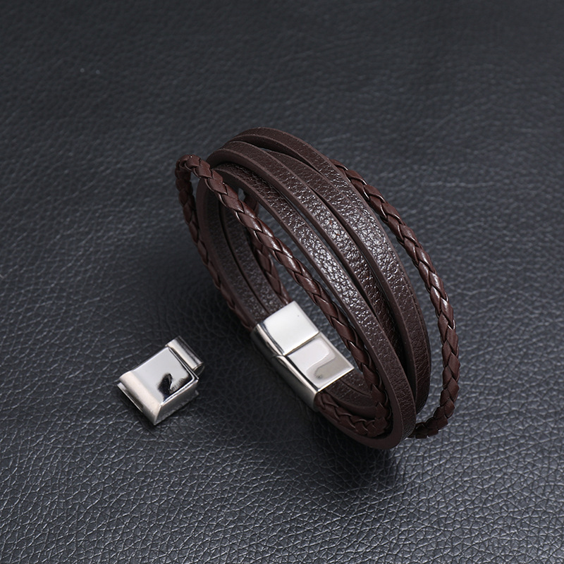 Retro Leather Multi Layer Wrap Bracelet Stainless Steel Buckle Bracelets for Men Fashion Bangle Cuff Wristband Stacking Bracelet Designer Jewelry