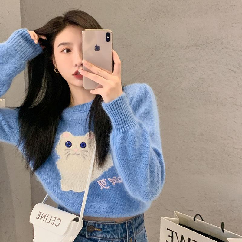 Women's Sweaters Arrival Sweet Lovely Cat Girlfriend Knitted Sweater Top One-Piece Korean Fashion O-Neck Blue Short Female Fall 2021, White;black
Women's Sweaters Arrival Sweet Lovely Cat Girlfriend Knitted Sweater Top One-Piece Korean Fashion O-Neck Blue Short Female Fall 2021, White;black
