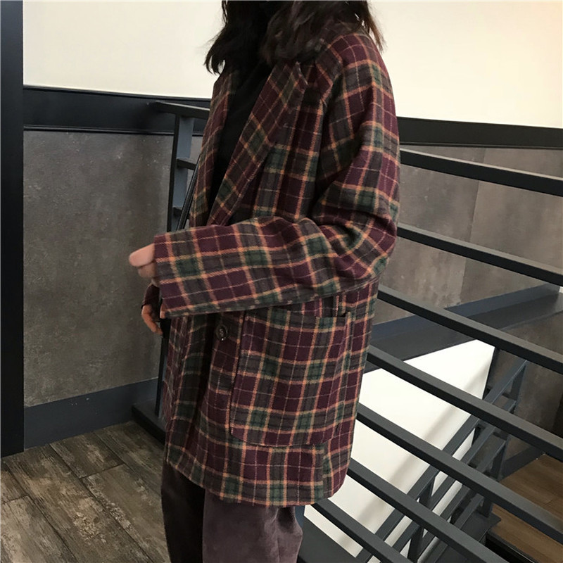 Coat Women Korean Loose Plaid Woolen Jacket for Middle and Long-style Women with A Wide Set of Slim Woolen Jackets In Spring 200930