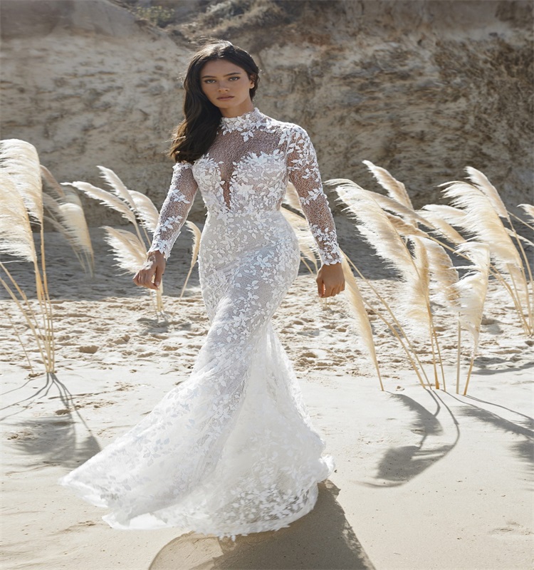 Chic Floral Mermaid Wedding Dresses High Neck Long Sleeves Applique Lace Bridal Gown Backless Sweep Train Custom Made Robe De Mariee