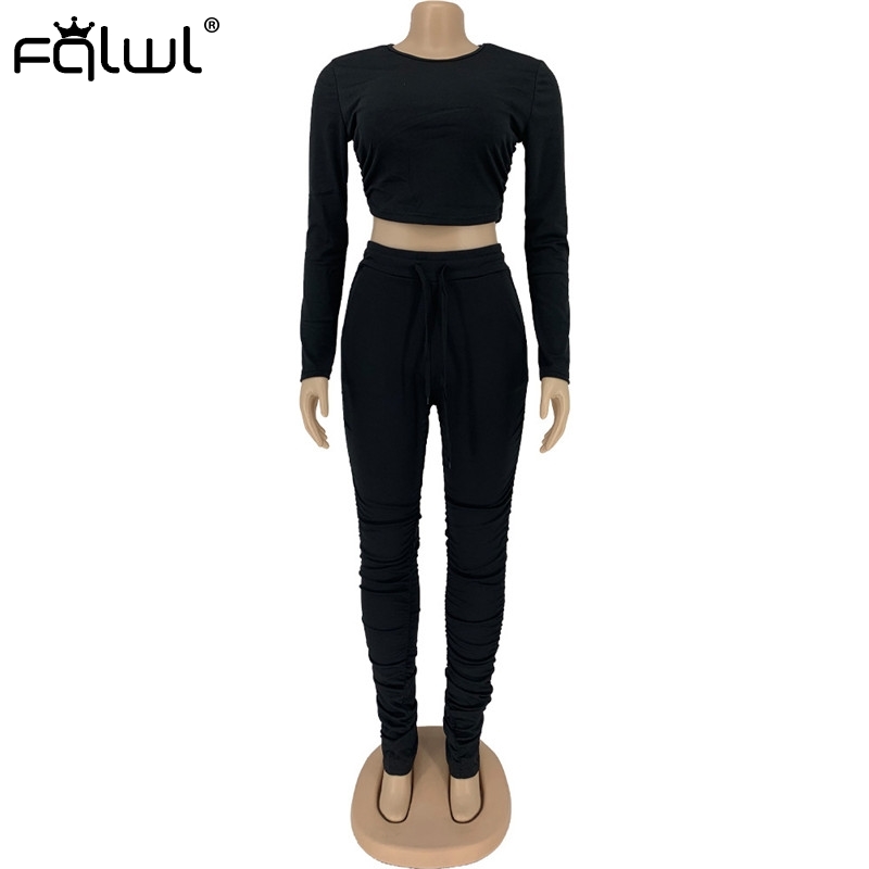 FQLWL Streetwear Autumn Two 2 Piece Set Women Outfits Long Sleeve Crop Top Female Stacked Leggings Pants Ladies Tracksuit Women 201007