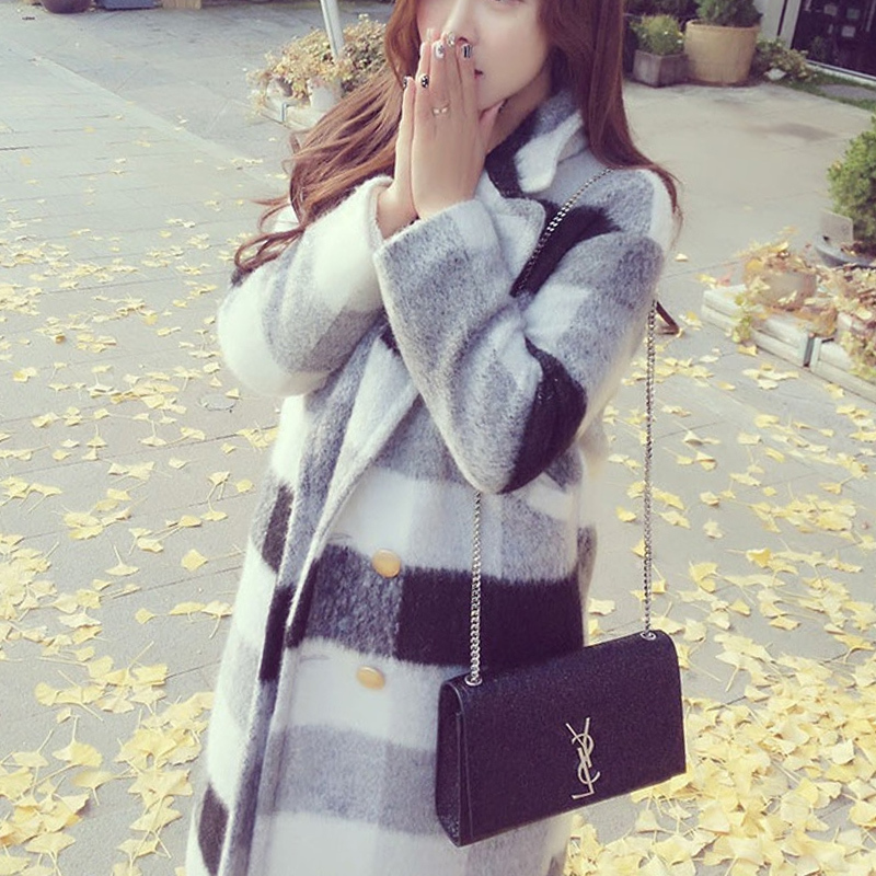 Street Woolen Coat Women Vintage Black White Plaid Medium Long Korean Wool Coats Ladies Turndown Collar Autumn Winter Outerwear 201103
