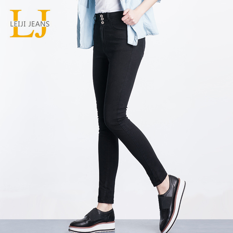 LEIJIJEANS High Waist button fly Full Length Plus Size black for Stretch Skinny Pencil Women Jeans 201106