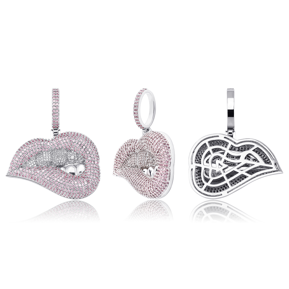 Two Tone Pink Purple Cubic Zirconia Charm Drip Lips Pendant Necklace Hip Hop Iced Out CZ Personalized Lip Jewelry Bijoux Gift for Women Girl