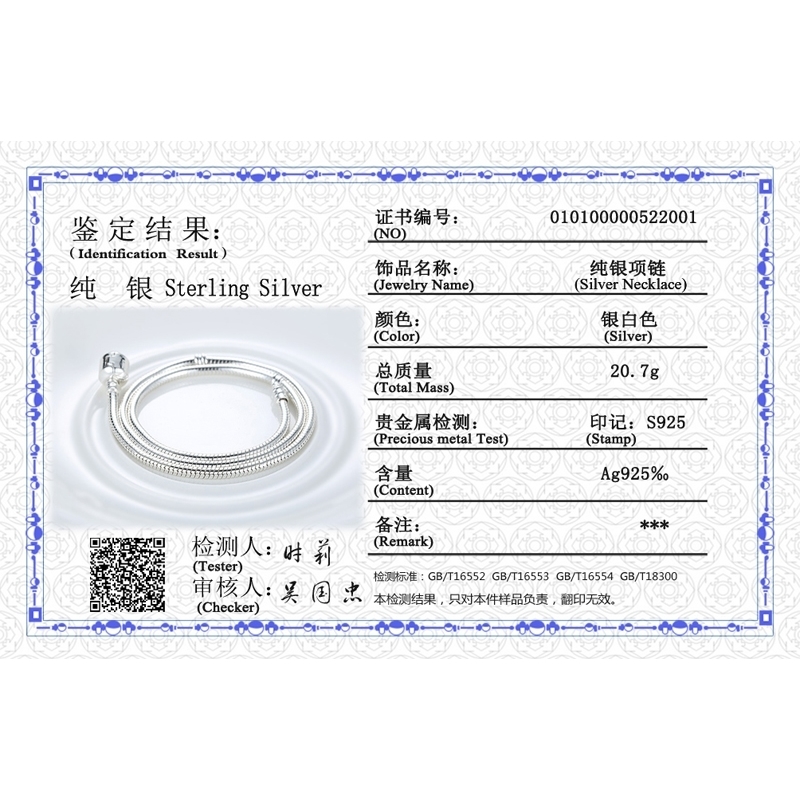 2020 Hot Sale Fine 925 Silver Snake Chain Necklace With Certificate Fit Original Beads Charms Pendants DIY Jewelry Gift LJ201009