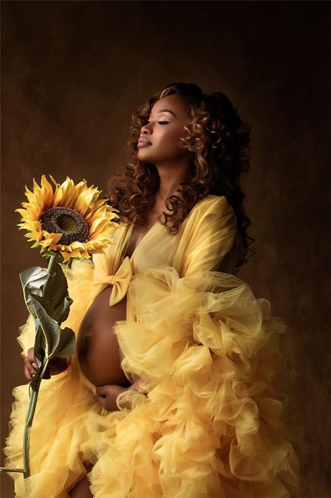 Ruffles Night Robe Yellow Maternity Dress for Photoshoot or Babyshower Photo Shoot Lady Sleepwear Bathrobe Sheer Nightgown
