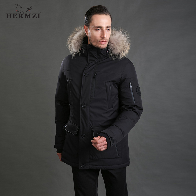 HERMZI Winter Coat 80% Duck Thick Warm Men Long Jacket Down Parka Alaska Real Raccoon Fur 201104