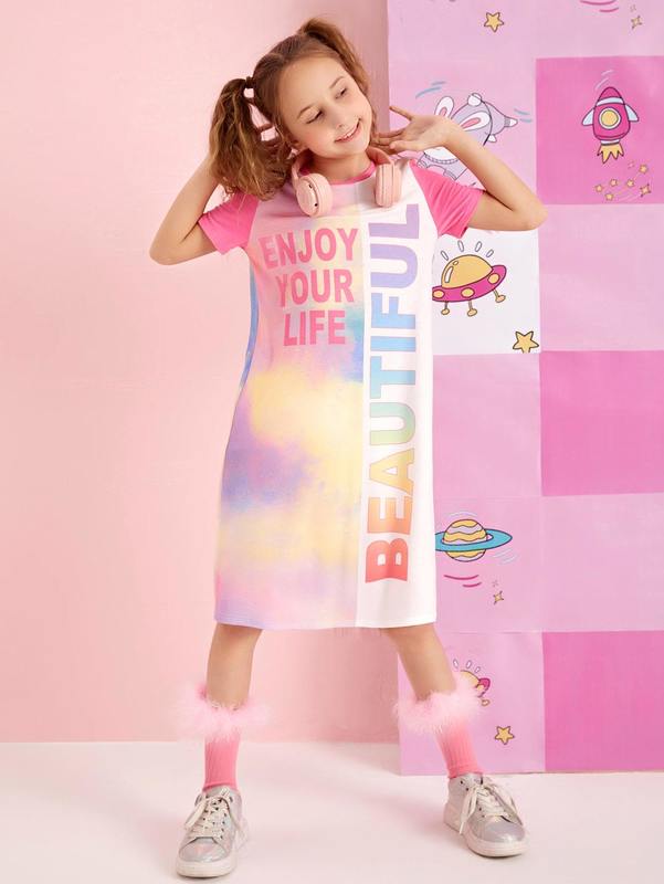 Girls Tie Dye & Slogan Graphic Dress SHE