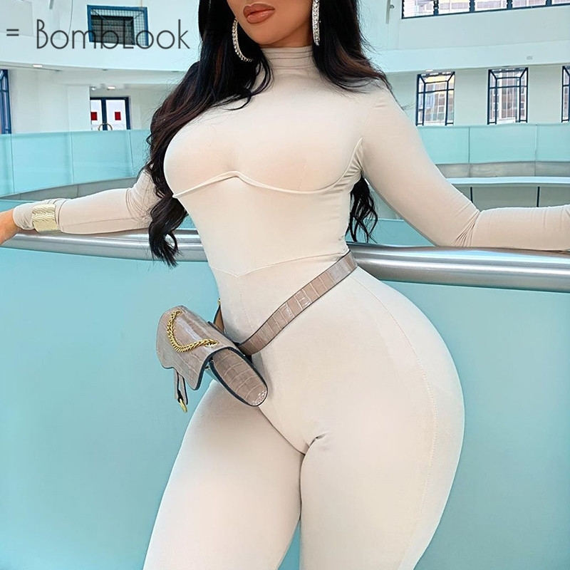 Bomblook Casual Women Jumpsuit White Long Sleeve High Collar Patchwork Slim Clothes Fashion Fall Winter Party Streetwear 201007