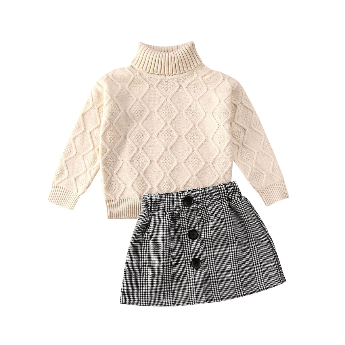 2021 Newest Hot 2PCS Toddler Baby Girl Autumn Winter Clothes Set Turtleneck Knitted Sweater Tops+Plaid Pencil Skirt 2pcs OutfitX1019