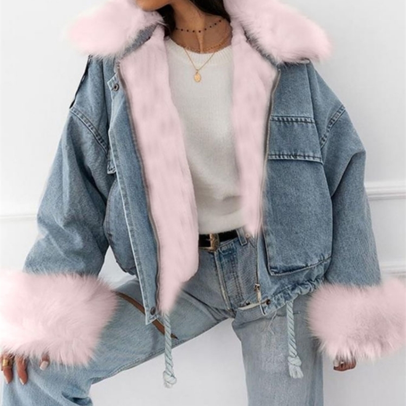 Thick Fleece Winter Denim Jacket Women Warmness Faux Fur Jean Jackets Korean Style Casual Long Sleeve Short Coats Outwear 201029