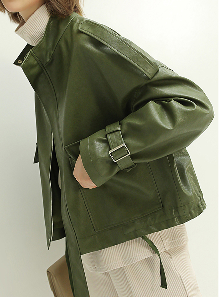 Nerazzurri zip up short green leather jacket women long sleeve Plus size fall women clothing Faux leather jackets women 7xl 201030